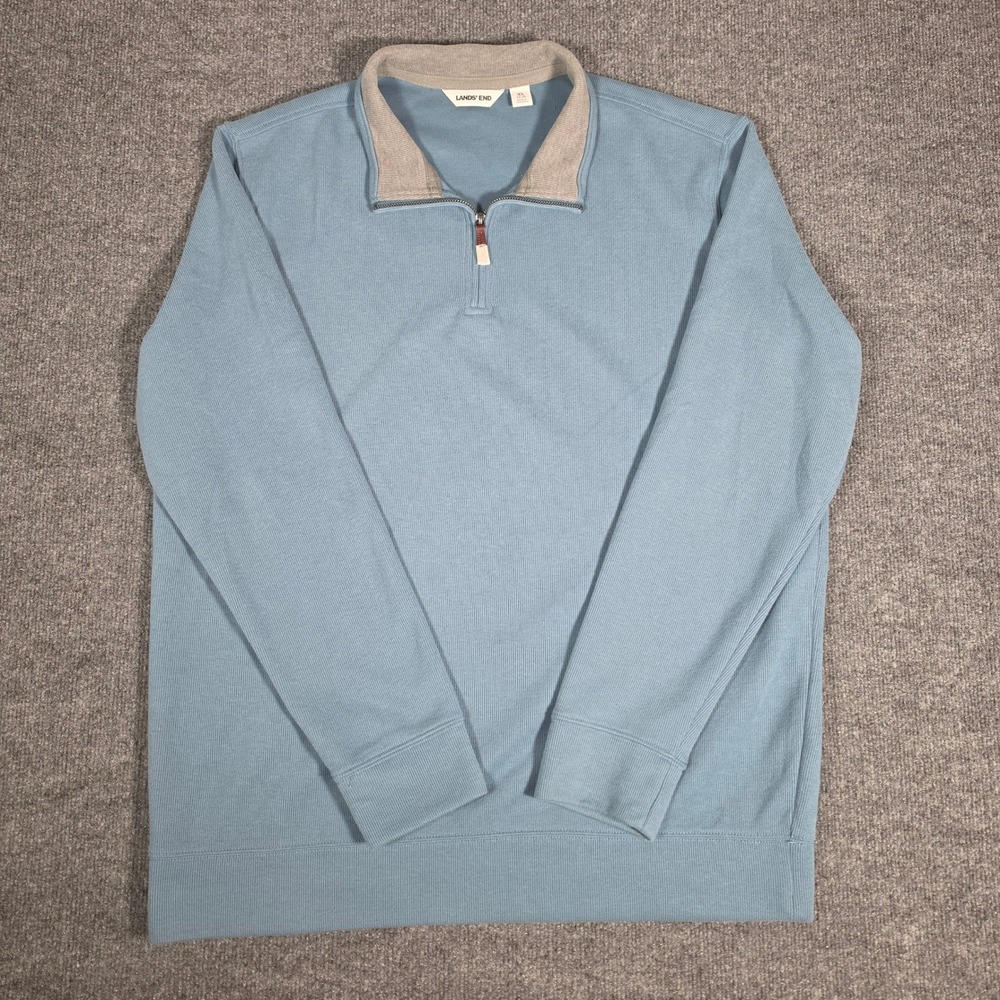 Lands' End Mens XL Blue Ribbed Quarter Zip Pullover Sweater Cotton Blend‎